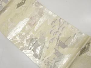 アンティーク　丸永織物製　九百プラチナ箔　屋敷風景模様織り出し袋帯（材料）